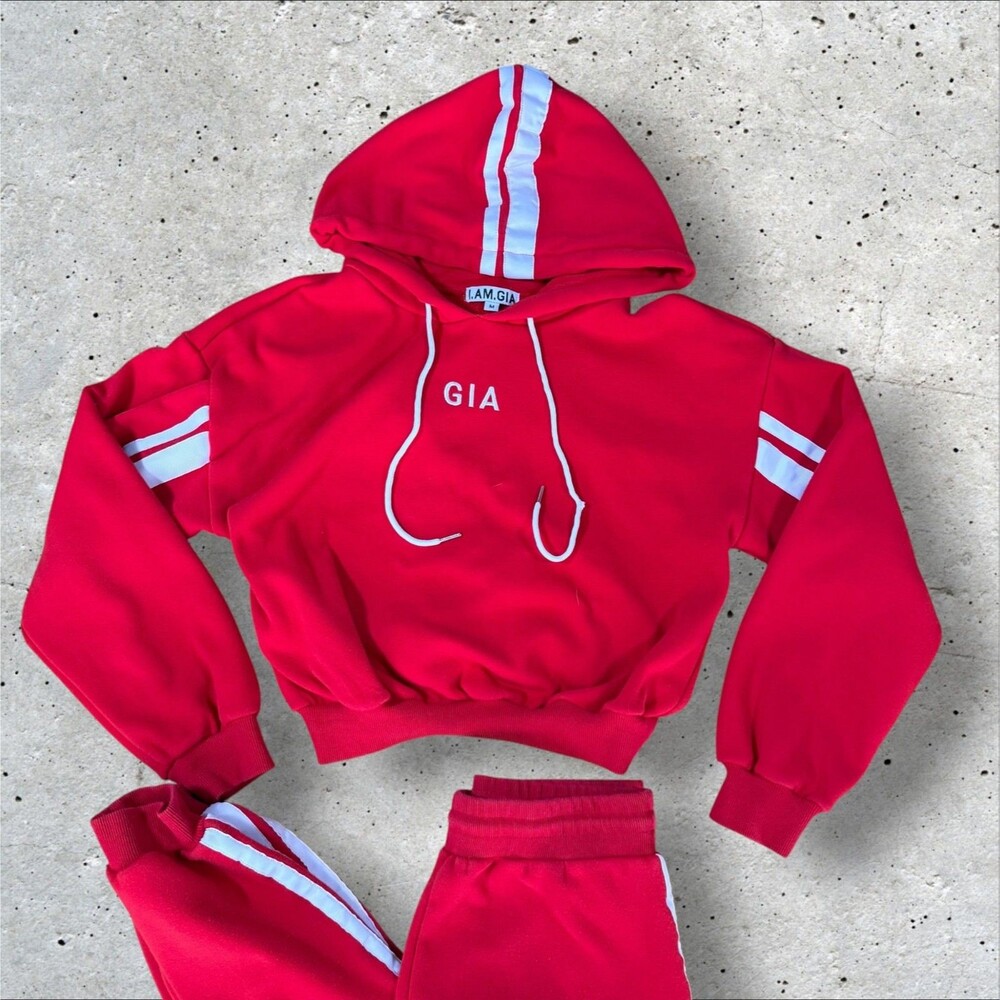 I.AM.GIA Tracksuit Set Womens M Red Cropped Hoodie Sweatpants Striped Loungewear - Picture 4 of 11